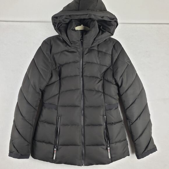 Guess Women's S Quilted Down Puffer Jacket Solid Black Hooded Winter Warm Staple - Picture 1 of 14